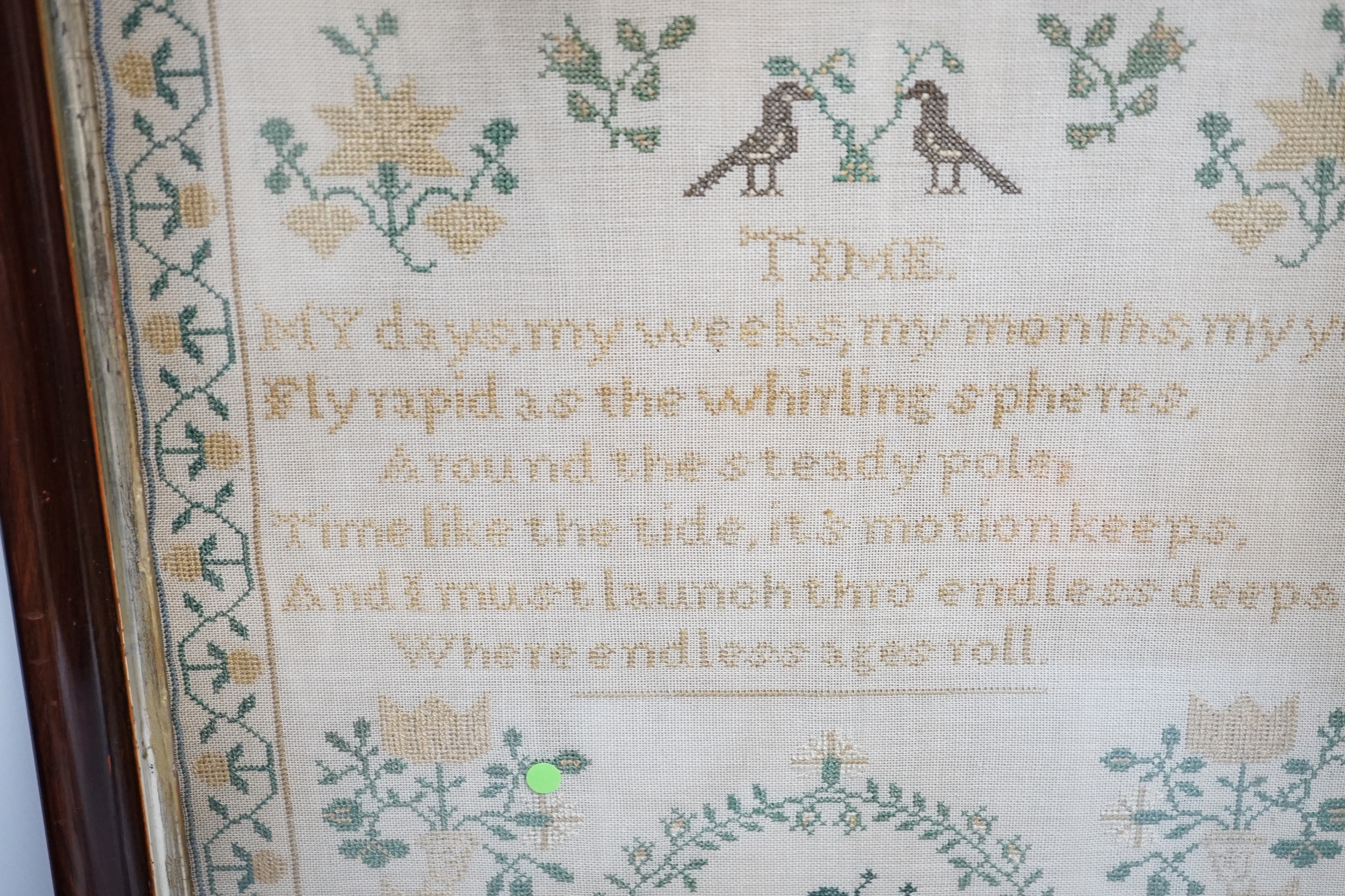 A fine cross stitch needlework sampler, by Sarah Graham, dated Oct 1842, in original frame, 36 x 30cms, and a later wool worked sampler ‘’Elizabeth Ann Stamsby’s Work Aged 10 Years 1865’’ (2)